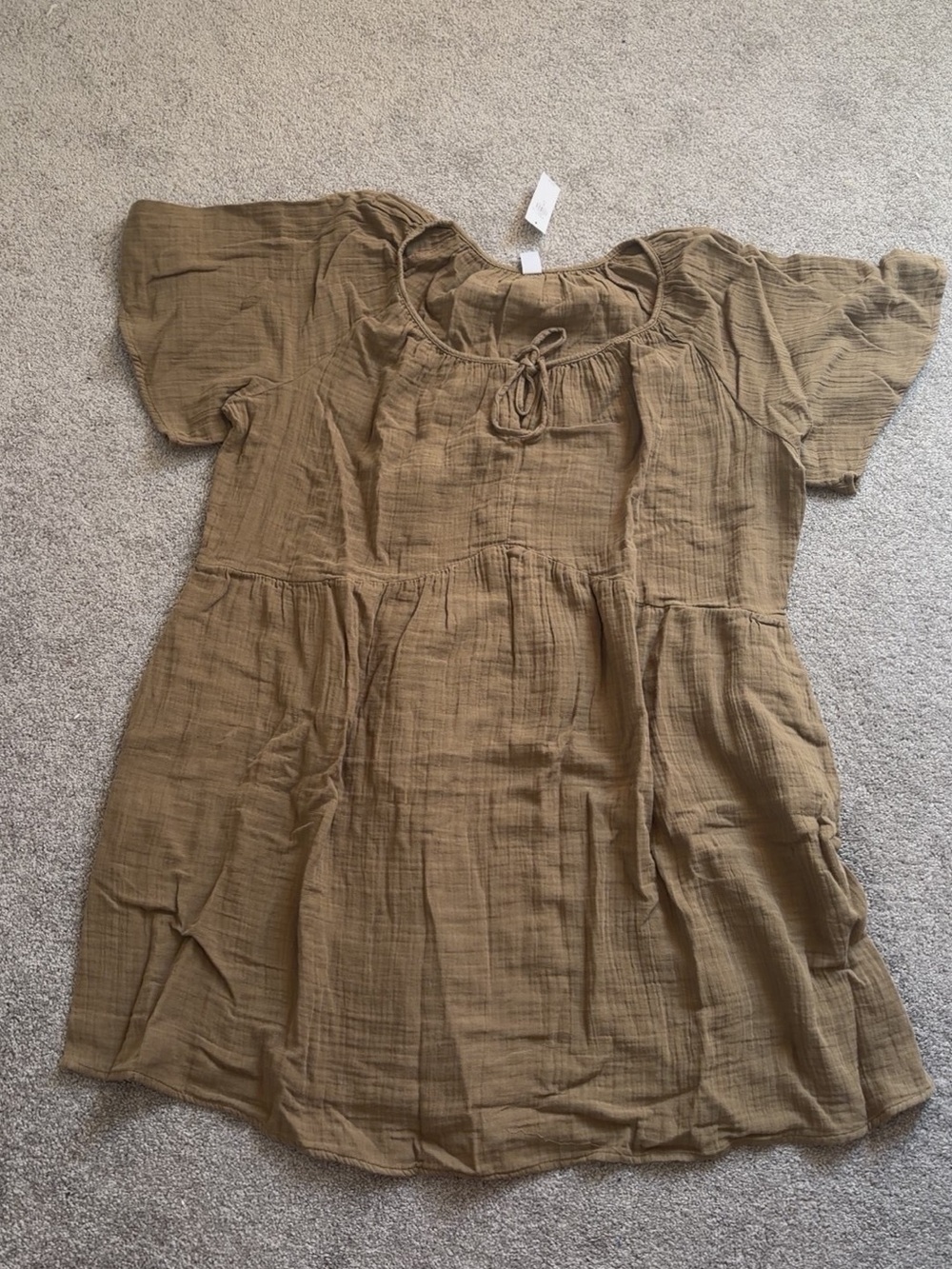 Old Navy Tan Cotton Gauze Peasant Dress with Tie Neck